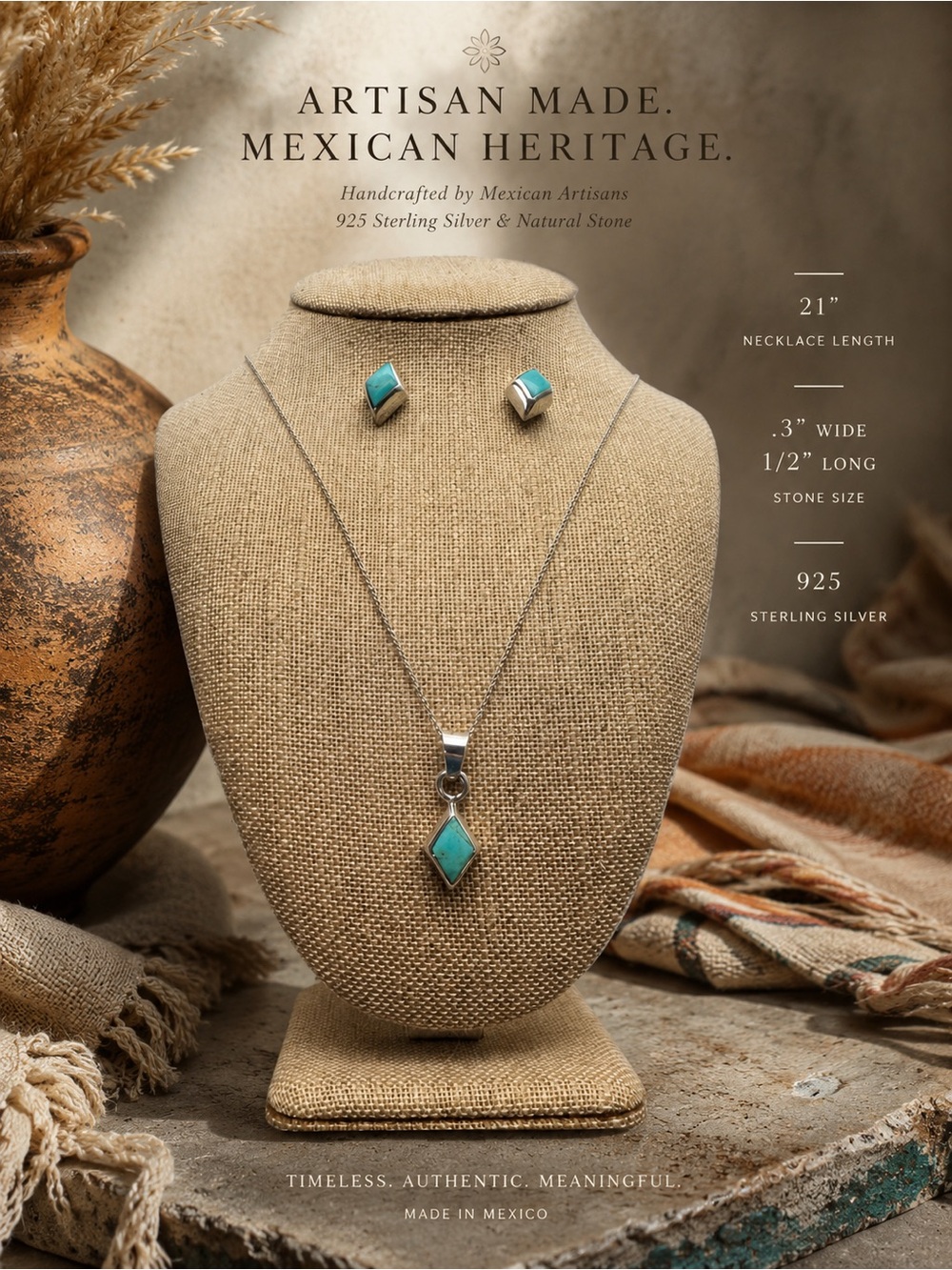 Artisan Turquoise Pendant Necklace with Matching Studs - Silver